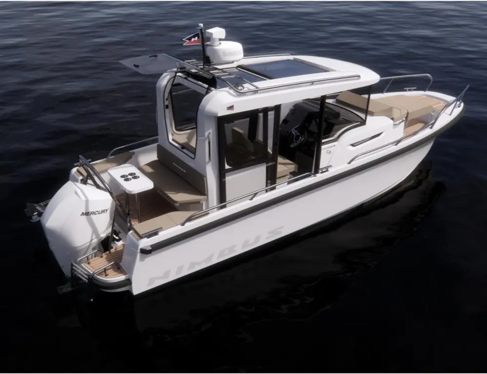 A white Nimbus boat with a Mercury engine is anchored on dark water, featuring a spacious deck and large windows.
